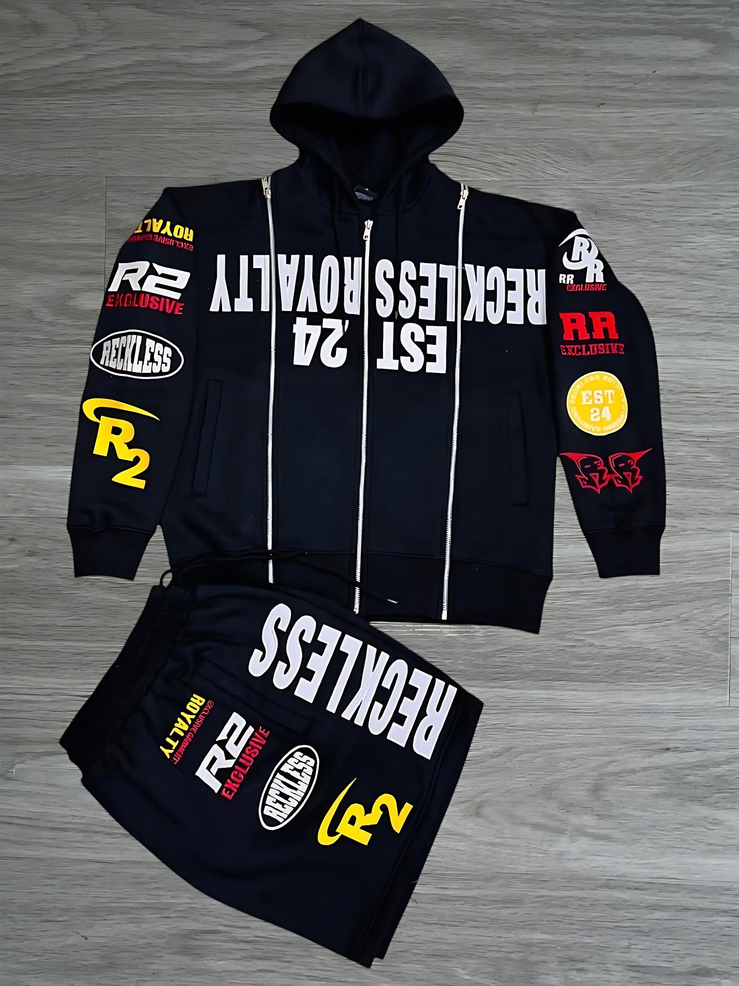 Black 3 Zip Hoodie Set